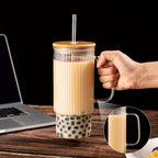 32oz Ribbed Glass Cup with Handle, Bamboo Lid & Straw – Large Clear Glass Tumbler for Iced Coffee, Hot & Cold Drinks – Aesthetic Glassware for Home & Office
