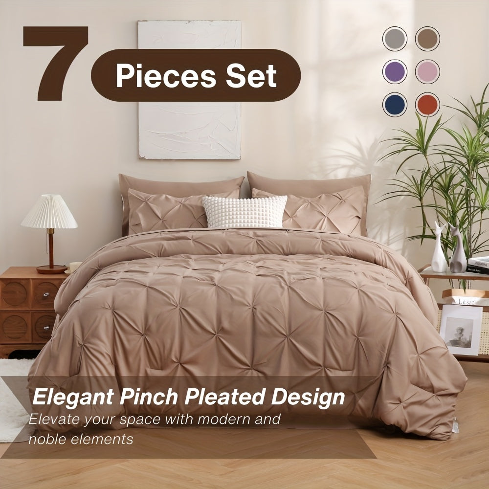 5/7pcs Pintuck Bed In A Bag Comforter Sets, Pinch Pleat Complete Bedding Sets with Comforter, Sheets & Pillowcases, Queen/King Size, All Season