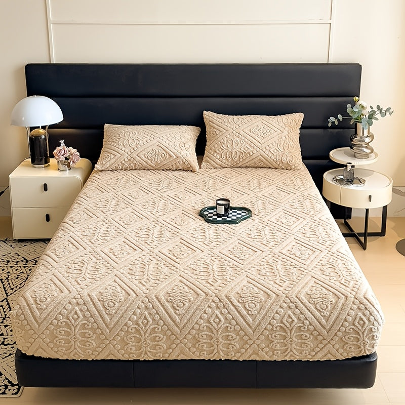 Embossed Fitted Sheet Set Super Soft Deep Pocket - European Texture Bed Sheets All Season, Machine Washable, Optional Pillowcases, Twin Full Queen King Sizes, 5 Colors Bedroom Bedding