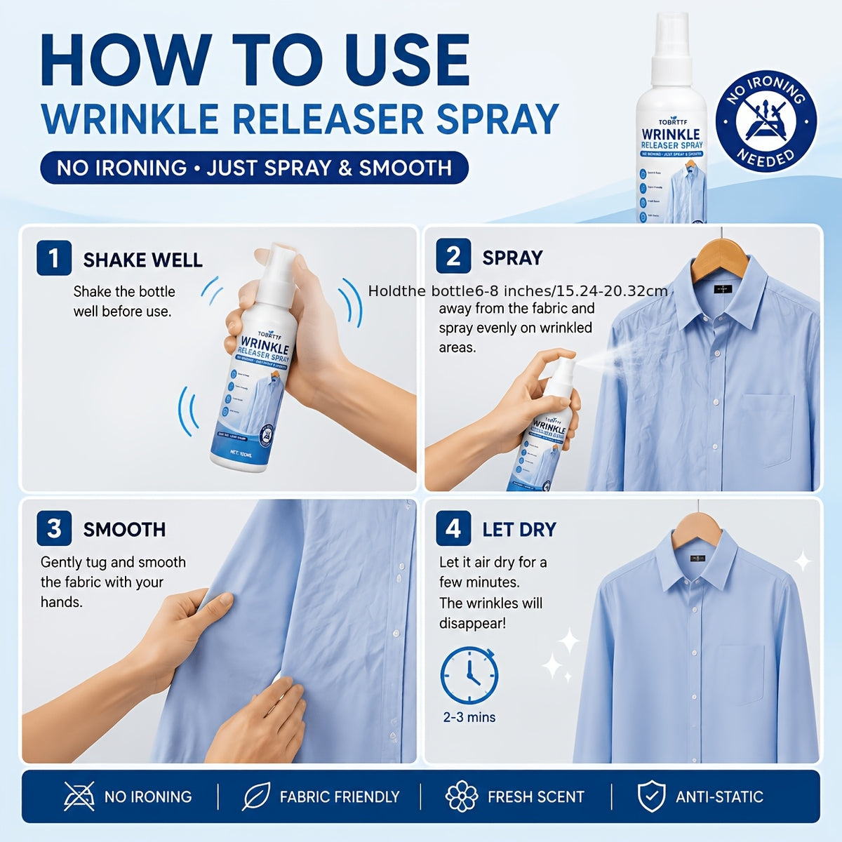 Wrinkle Remover Spray for Clothes 3.38oz, No-Iron Fabric Refresher & Wrinkle Release Spray, Quick Smoothing Clothing Care for Travel, Business, Dress Shirts, Suits & Everyday Fabrics