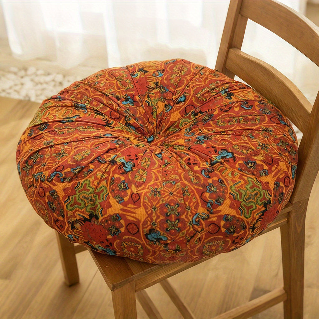 Round Bohemian Floor Cushion Pumpkin Tatami Seat Pad | Large Thickened Vintage Throw Pillow for Bedroom Chair Meditation, Orange Blue