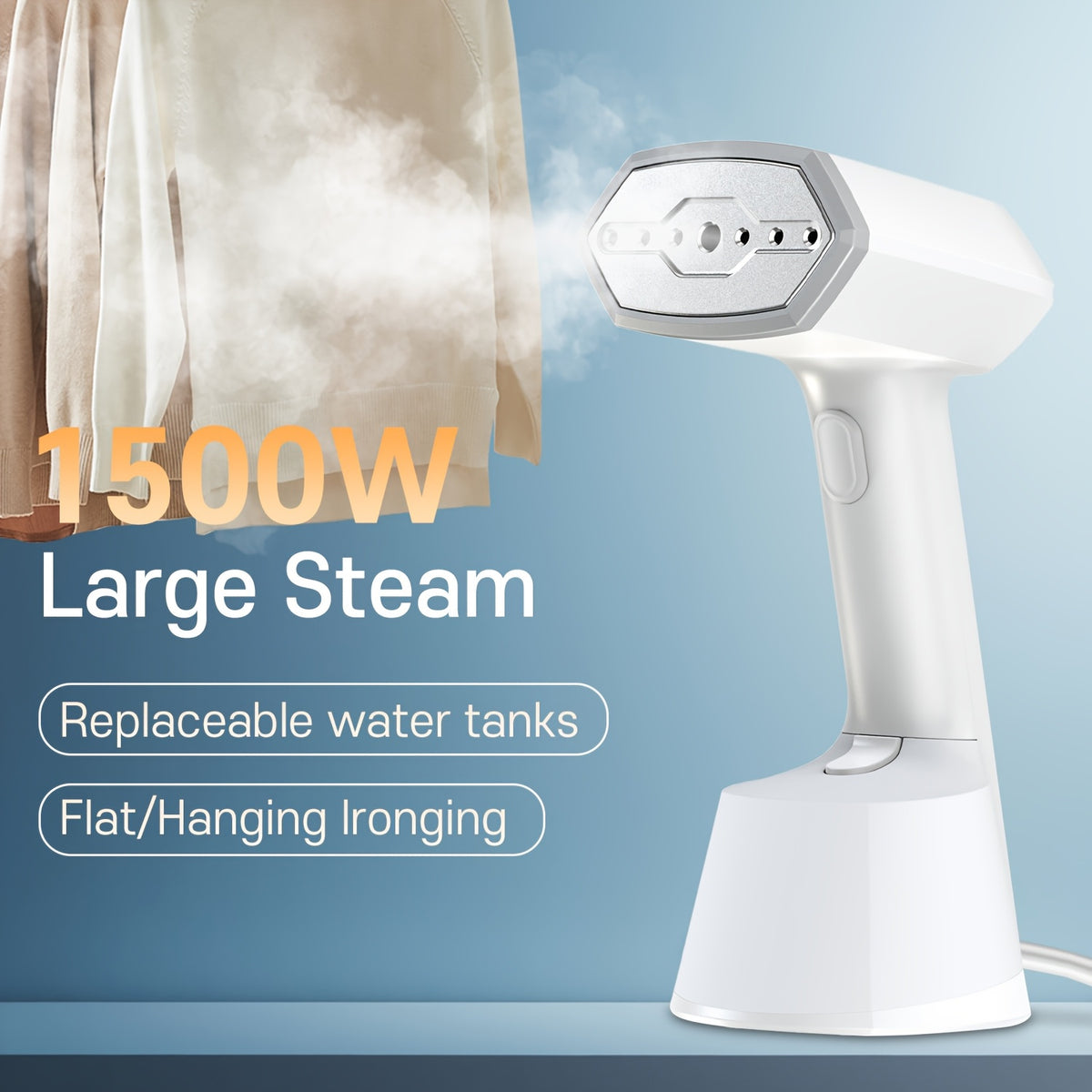 Handheld Travel Garment Steamer 15-Second Heat-Up – 9.47oz Large Tank, Portable Clothing Steamer for Home, Office & Travel | White