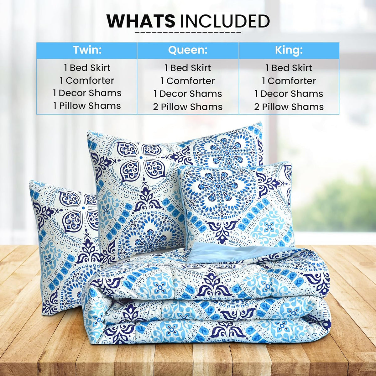 5-Piece Comforter Set – Reversible Quilted Down Alternative Bedding Set with Pillow Shams, Bed Skirt & Cushion | All Season | Twin, Queen, King