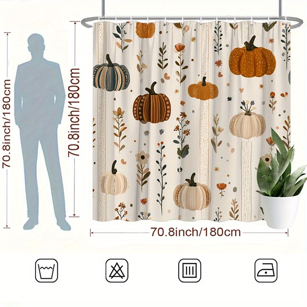 Autumn Pumpkin Floral Shower Curtain Farmhouse Style – Waterproof Polyester Fabric, 70–72 Inch, Includes 12 Hooks – All-Season Fall Bathroom Decor