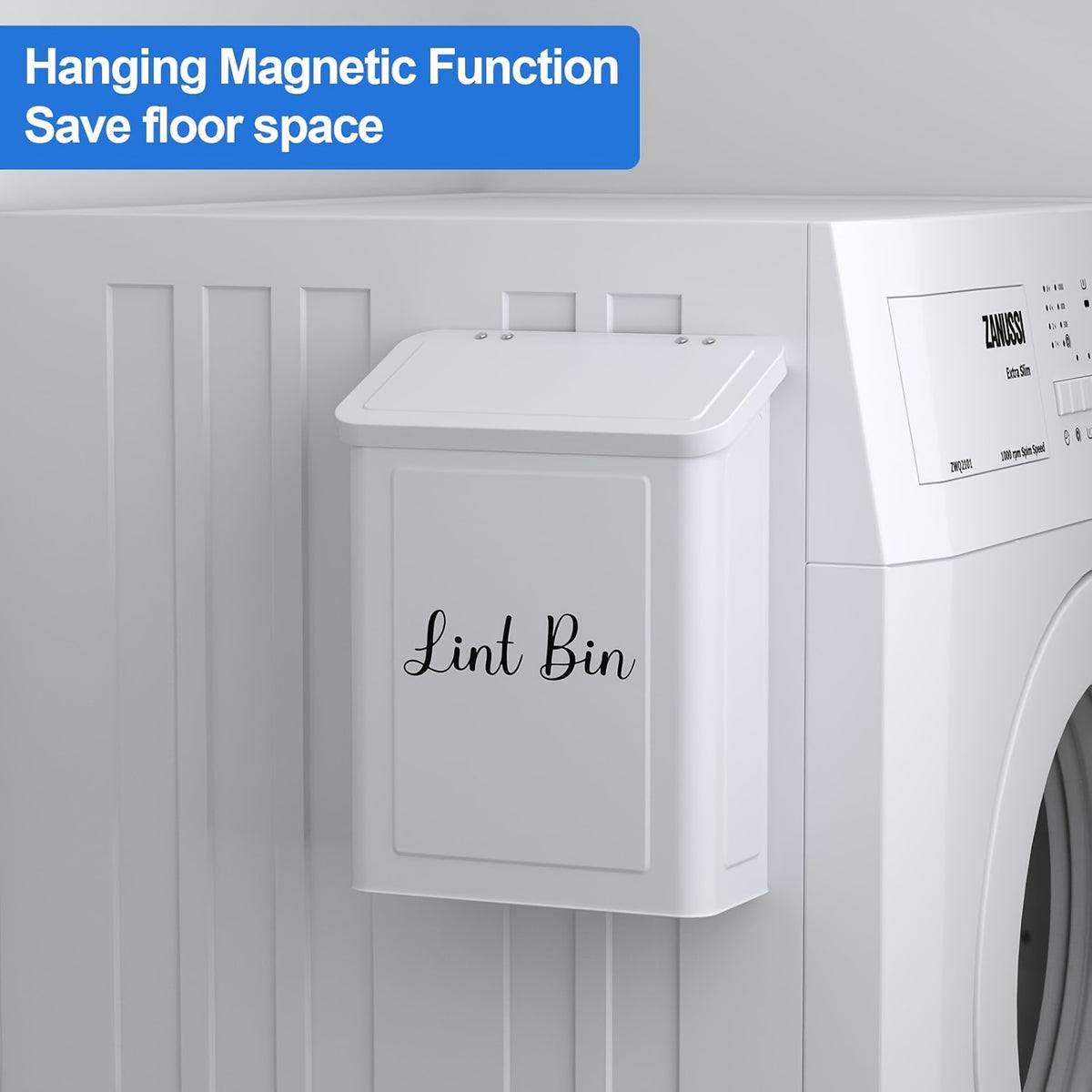 Magnetic Lint Bin for Laundry Room – Wall Mount Metal Dryer Lint Holder Trash Can with Lid, Laundry Organization, White