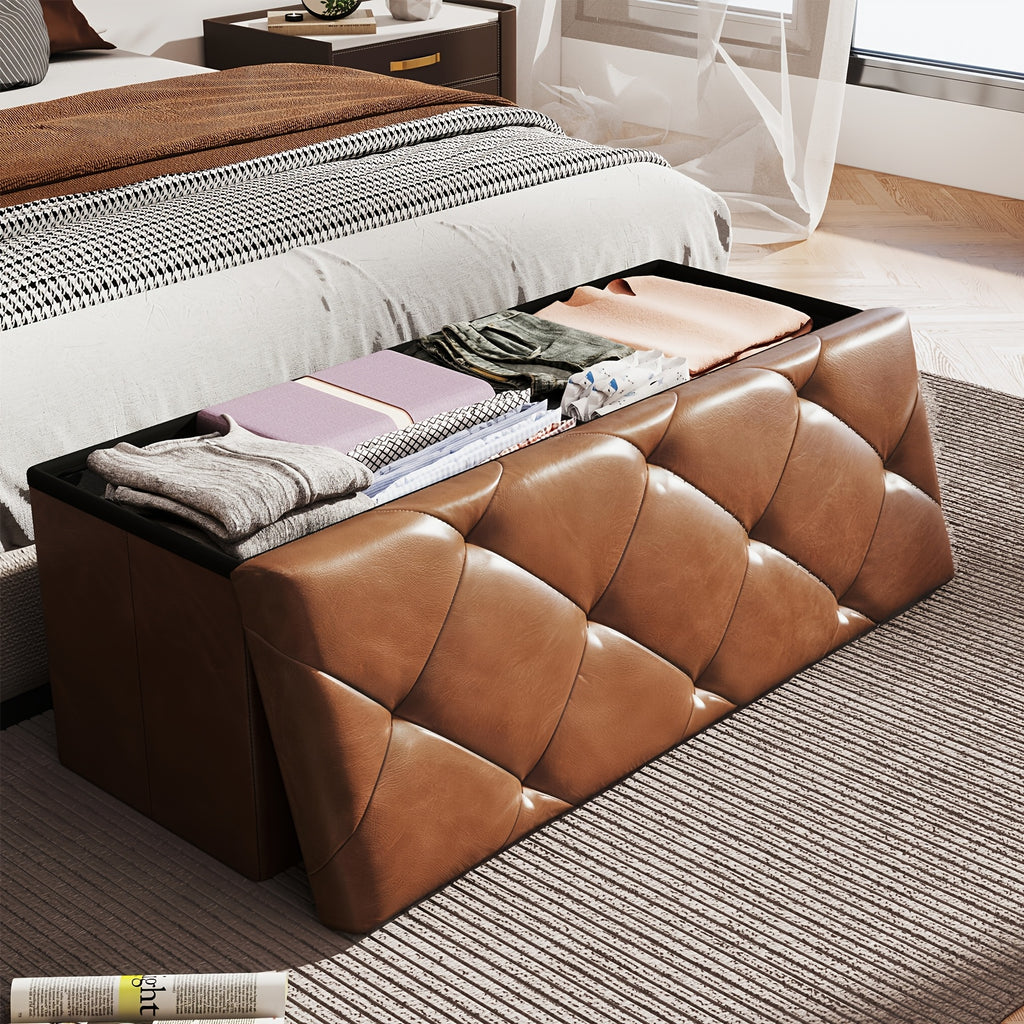 Storage Ottoman Bench with Pull-Out Drawer – 880 lbs Capacity Folding Footrest, Synthetic Leather, 30 & 43 Inch, for Living Room Bedroom Office, Grey & Brown