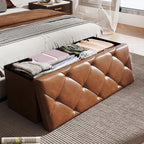 Storage Ottoman Bench with Pull-Out Drawer – 880 lbs Capacity Folding Footrest, Synthetic Leather, 30 & 43 Inch, for Living Room Bedroom Office, Grey & Brown