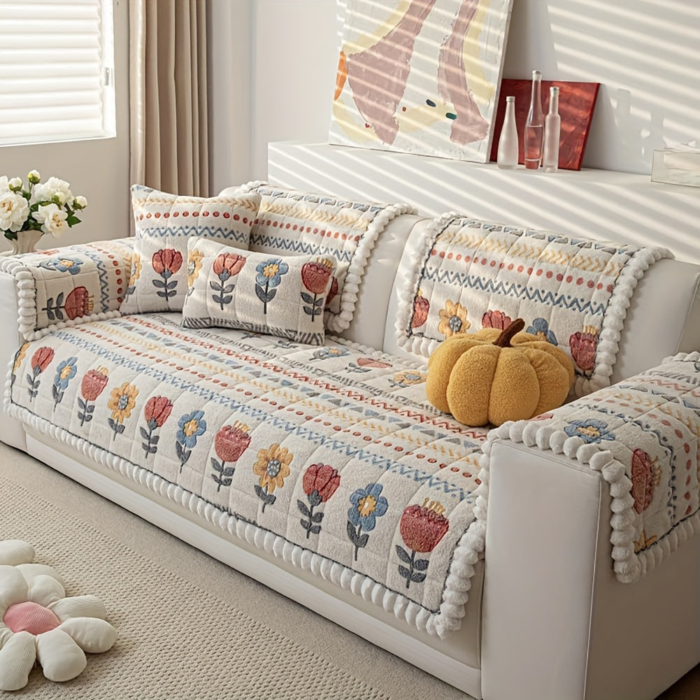Bohemian Floral Plush Sofa Cover Thick Milk Fleece Quilted Couch Protector with Decorative Pillow Covers – Machine Washable Warm Cozy Cover for 1-4 Seater Sofa, Living Room Decor