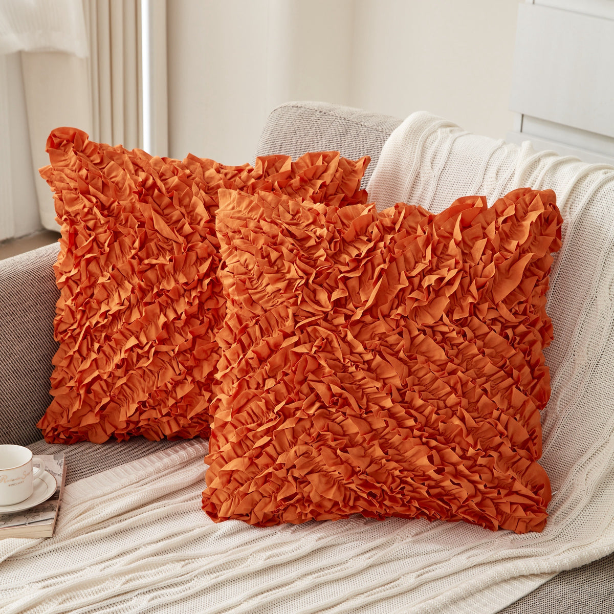 3D Ruffle Farmhouse Throw Pillow Covers Set of 2 – Handcrafted Cushion Pillowcase with Zipper, Soft Polyester, Multiple Colors & Sizes for Sofa Bed Couch Home Decor