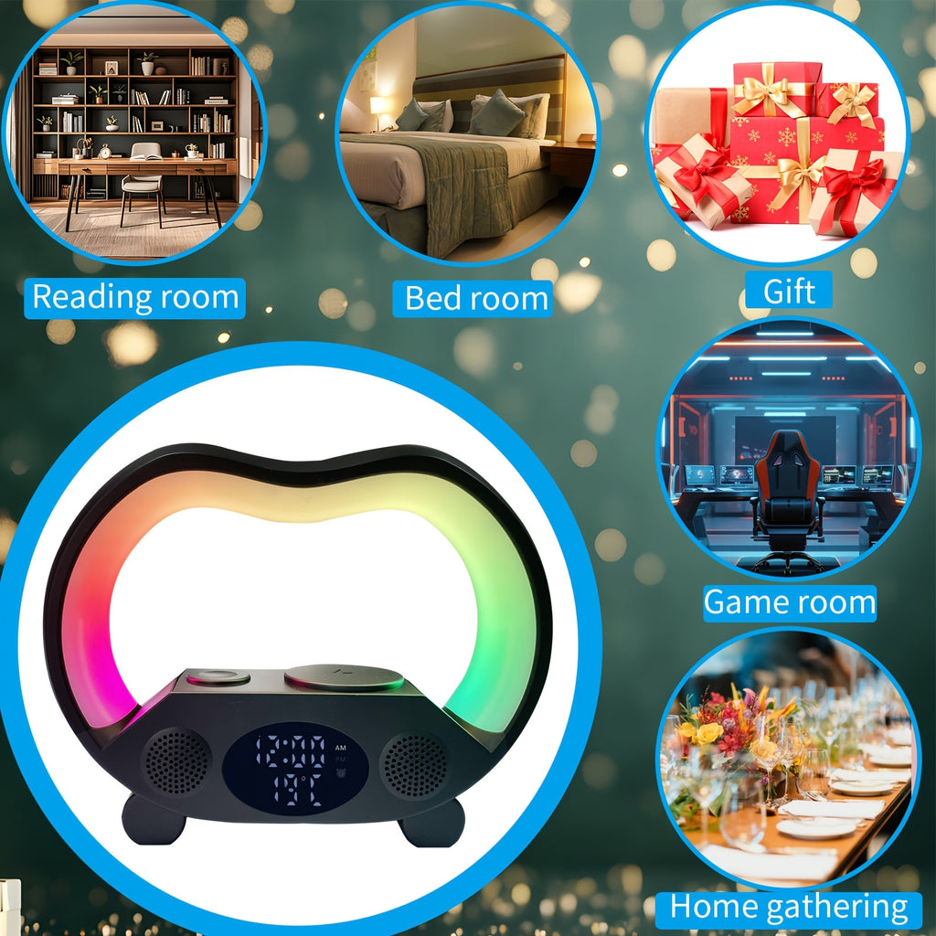 RGB Night Light 6 in 1 Wireless Speaker Alarm Clock Wireless Charging Phone Watch Temperature Display Bedroom Teen Gift Halloween Christmas Decor Black White