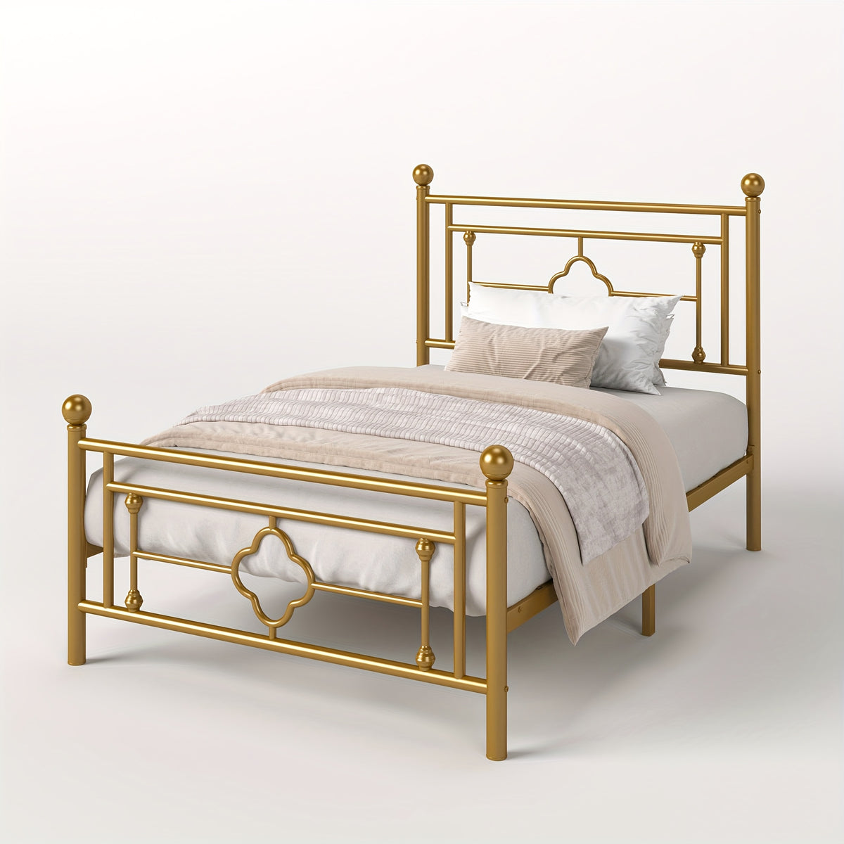 Metal Platform Bed Frame with Vintage Iron Art Headboard Footboard No Box Spring Needed Under Bed Storage Twin Full Queen King Black White Pink Gold