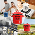 Enamel Bacon Grease Container with Stainless Steel Filter & Spoon - Rustic Kitchen Fat Storage Jar, Dishwasher Safe, Ideal for Halloween Thanksgiving Christmas, Red Blue White