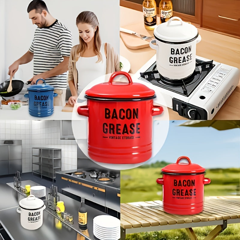 Enamel Bacon Grease Container with Stainless Steel Filter & Spoon - Rustic Kitchen Fat Storage Jar, Dishwasher Safe, Ideal for Halloween Thanksgiving Christmas, Red Blue White