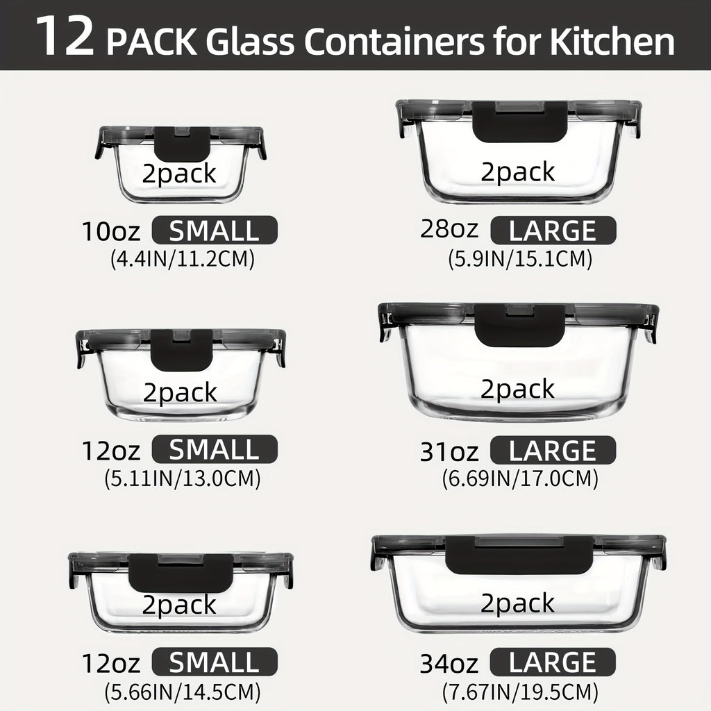 12-Pack Glass Food Storage Containers with Airtight Lids – Meal Prep Containers, Dishwasher Safe, BPA Free, Mother's Day & Holiday Gift Set
