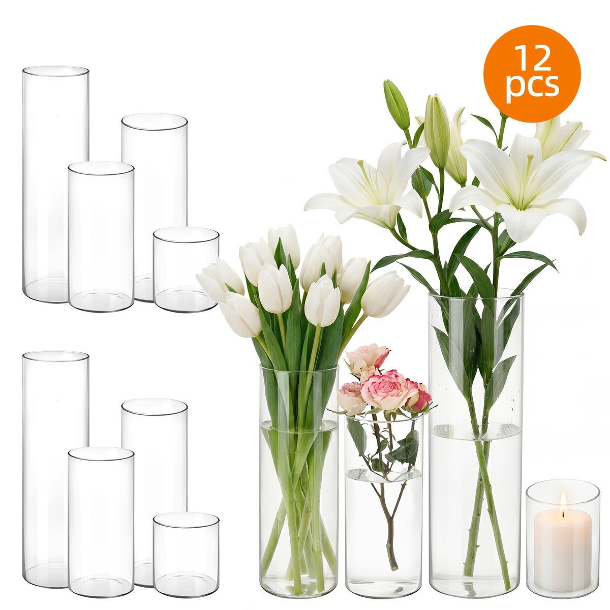 Glass Cylinder Vases Set 12 24pcs 4 Sizes 4 6.8 9 12 Inch Clear Tall Vase & Candle Holder for Wedding Centerpieces, Home Decor Party Table, DIY Candle Making, Flower Arrangements