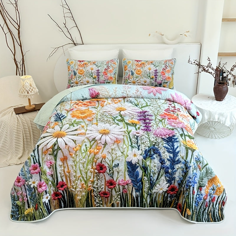 Quilted Quilt Set 2-3 Piece Floral Love Heart Print – Soft Breathable Hypoallergenic Bed Cover with Pillowcases for Twin Full Queen King, Multicolor Bedding