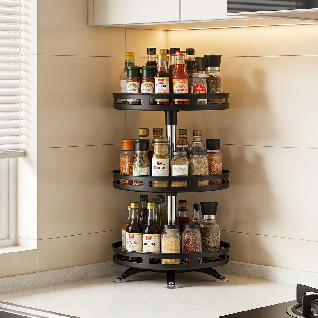 3 Tier Rotating Spice Rack Organizer Metal Turntable for Kitchen Countertop - Spinning Spice Jar Seasoning Storage Rack Black