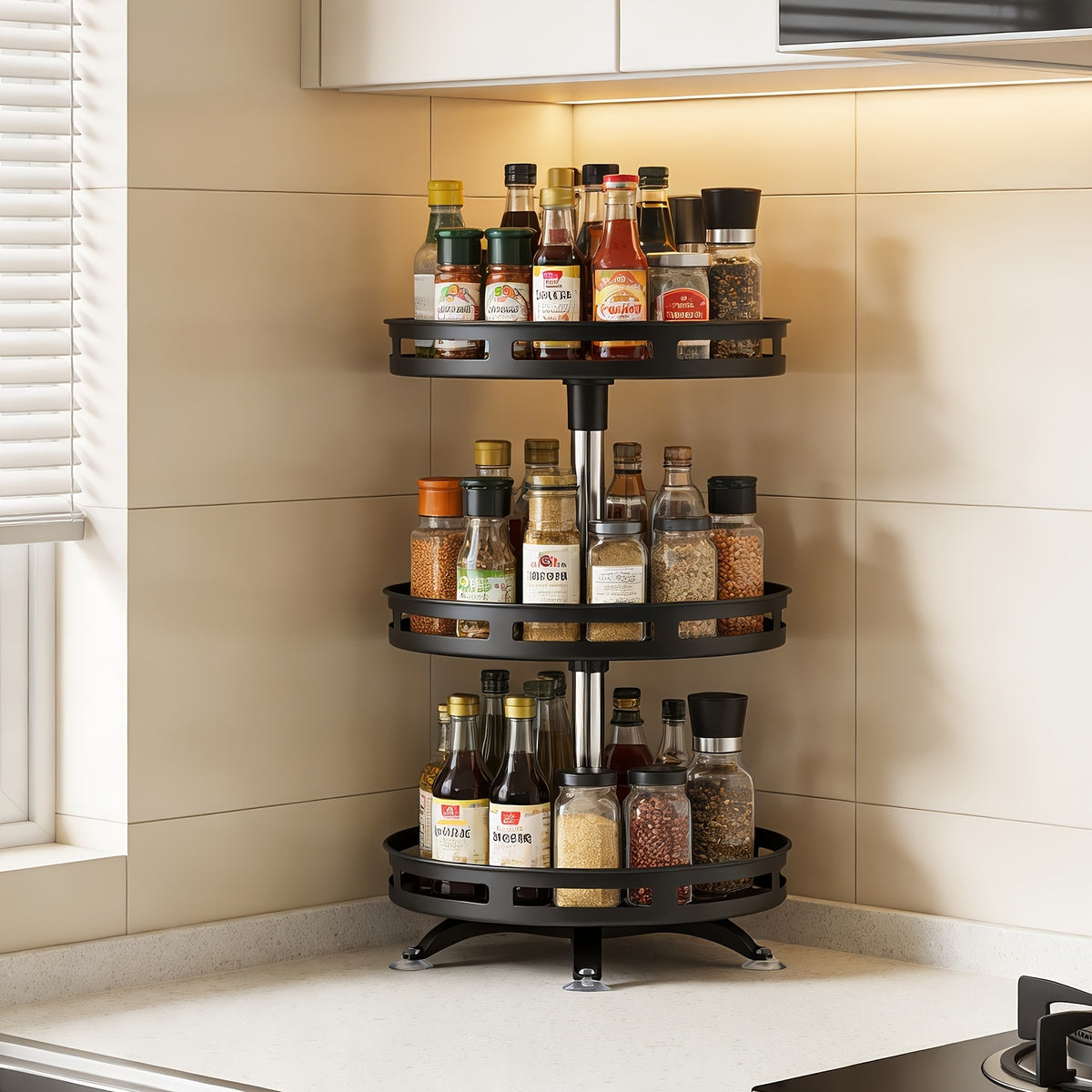 3 Tier Rotating Spice Rack Organizer Metal Turntable for Kitchen Countertop - Spinning Spice Jar Seasoning Storage Rack Black