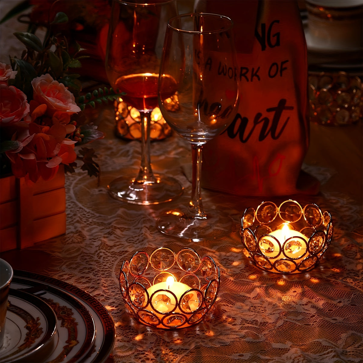 Crystal Bowl Tea Light Candle Holders Set of 20 – Wedding Centerpiece & Home Decor Dining Table Decor, Gold or Silver