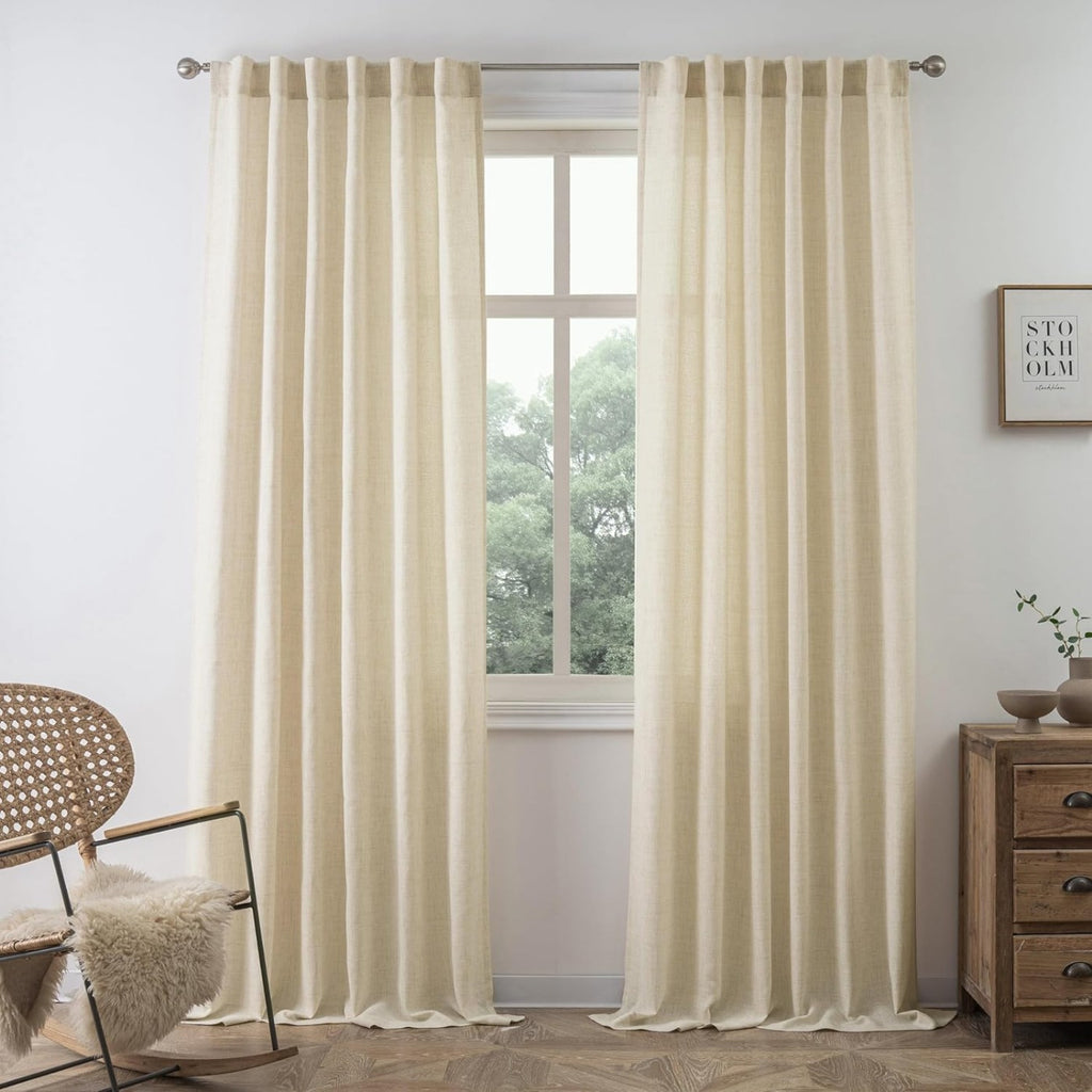 Linen Semi-Sheer Curtains 2 Panels Real Flax Light Filtering Drapes - Boho Farmhouse Window Curtains for Living Room Bedroom, 10 Colors Multiple Lengths Privacy Window Treatment