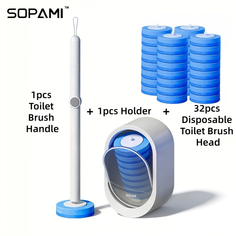 SOPAMI Disposable Toilet Brush with 32 Refill Heads – 360° Rotating Wall-Mounted Hygienic Cleaning Tool for Toilet, Tub, Sink & Tiles