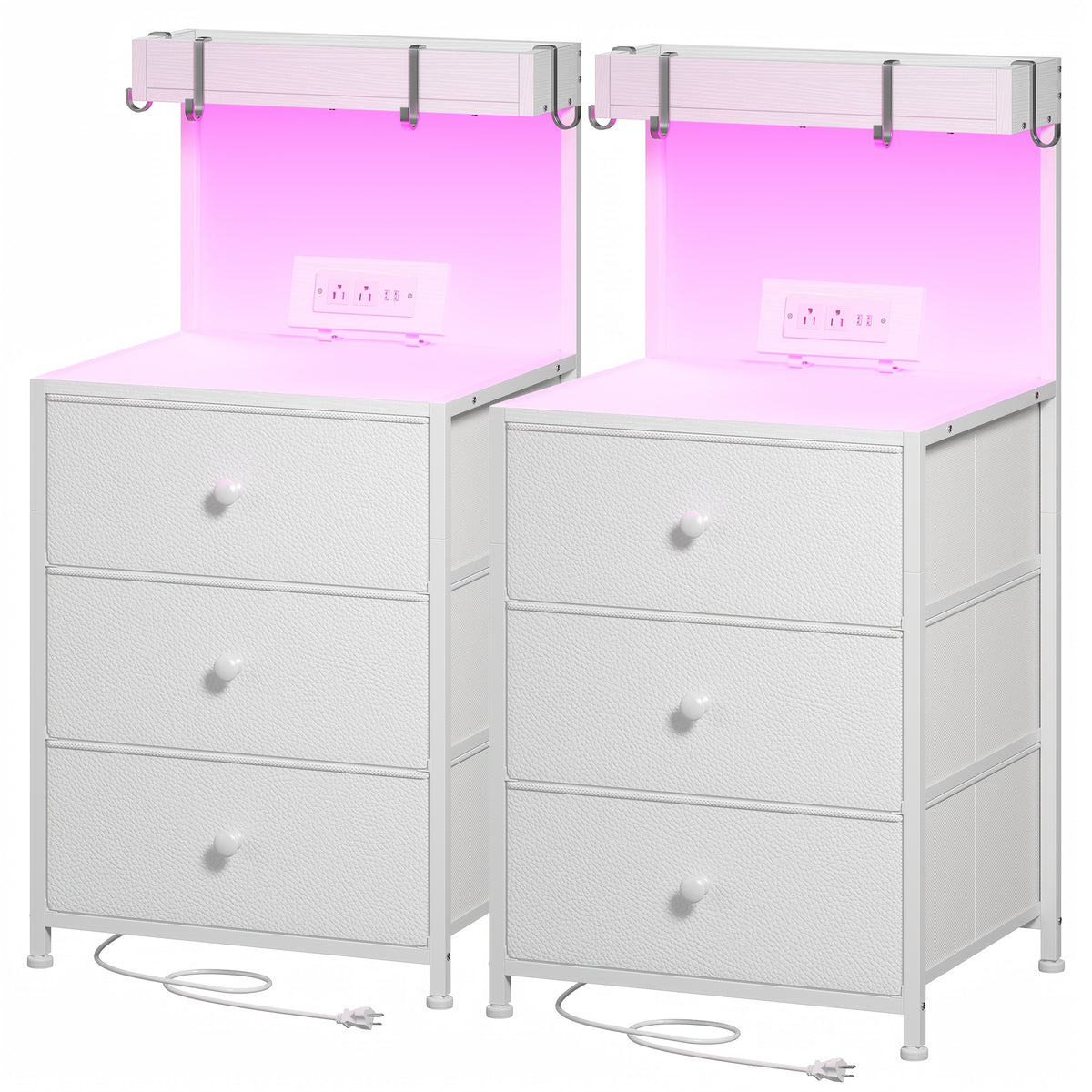 Tall Nightstand with Charging Station & LED Lights – 3 Drawers, Shelves, USB Ports, Outlets & 4 Hooks | Bedside Table for Bedroom