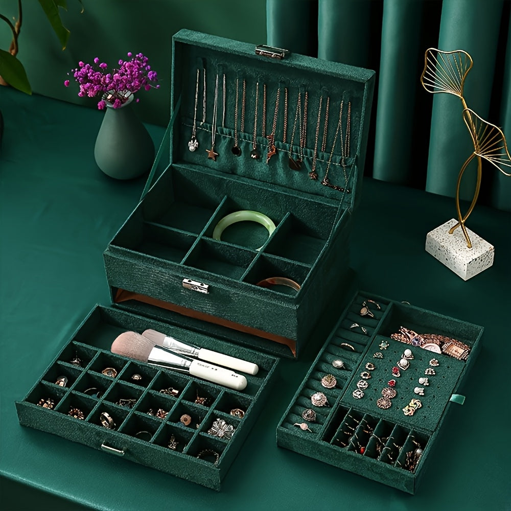 Luxury Velvet Jewelry Organizer Box with Drawers – Large Capacity High-End Jewelry Storage Case for Earrings, Rings, Necklaces & Bracelets, Travel Jewelry Box