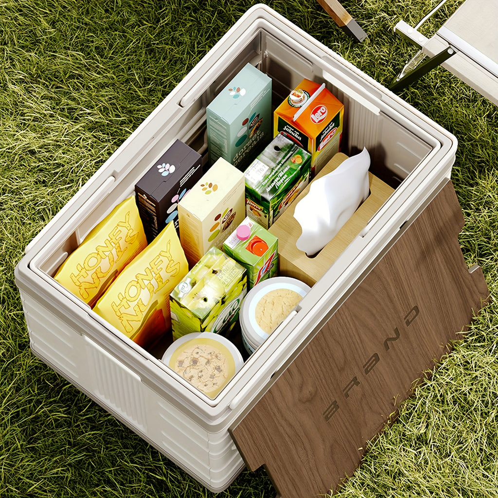 Collapsible Rolling Crate Cart with Wooden Lid & Wheels – 13.21 Gallon Foldable Utility Cart for Picnic, Shopping, Office, Teacher & Home Storage