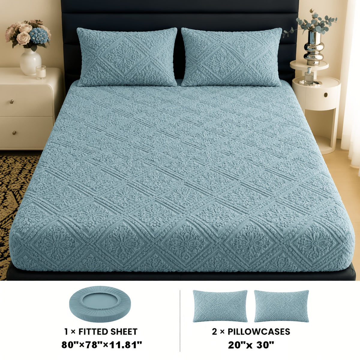 Embossed Fitted Sheet Set Super Soft Deep Pocket - European Texture Bed Sheets All Season, Machine Washable, Optional Pillowcases, Twin Full Queen King Sizes, 5 Colors Bedroom Bedding
