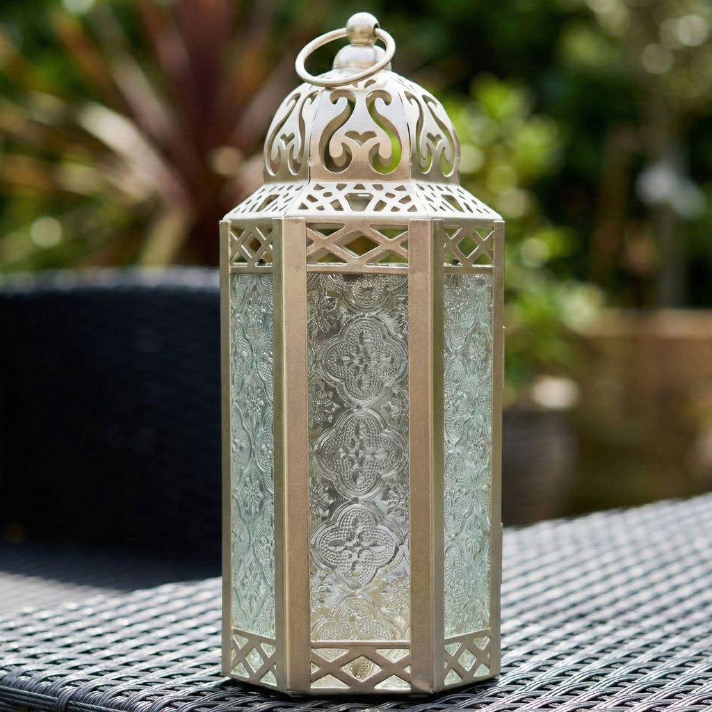 Moroccan Candle Lantern Holder Medium 10.5 Inch – Handcrafted Glass Iron Metal Lantern with Embossed Floral Panels, 17 Colors, Indoor Outdoor Use for Ramadan, Wedding, Patio, Diwali & Home Decor