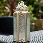 Moroccan Candle Lantern Holder Medium 10.5 Inch – Handcrafted Glass Iron Metal Lantern with Embossed Floral Panels, 17 Colors, Indoor Outdoor Use for Ramadan, Wedding, Patio, Diwali & Home Decor