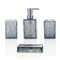 Bathroom 4-Piece Plastic Accessory Set – Transparent Diamond Grid Pattern | Soap Dispenser, Toothbrush Holder & More | Grey, Blue, Green