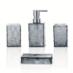 Bathroom 4-Piece Plastic Accessory Set – Transparent Diamond Grid Pattern | Soap Dispenser, Toothbrush Holder & More | Grey, Blue, Green