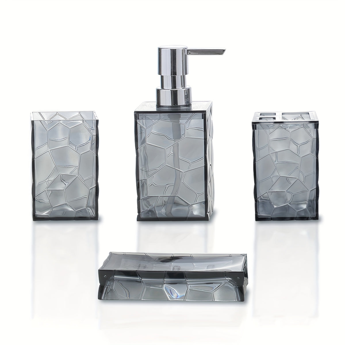 Bathroom 4-Piece Plastic Accessory Set – Transparent Diamond Grid Pattern | Soap Dispenser, Toothbrush Holder & More | Grey, Blue, Green