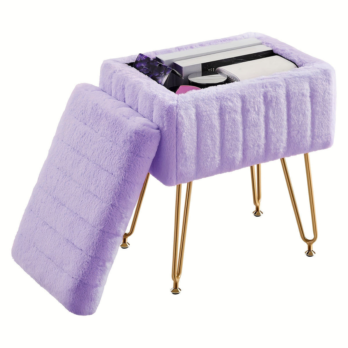 Vanity Chair with Storage PU Leather Makeup Stool Shoe Changing Ottoman Dual Purpose Seat 4 Gold Metal Legs Bedroom Living Room Study Cream White Black Pink Purple