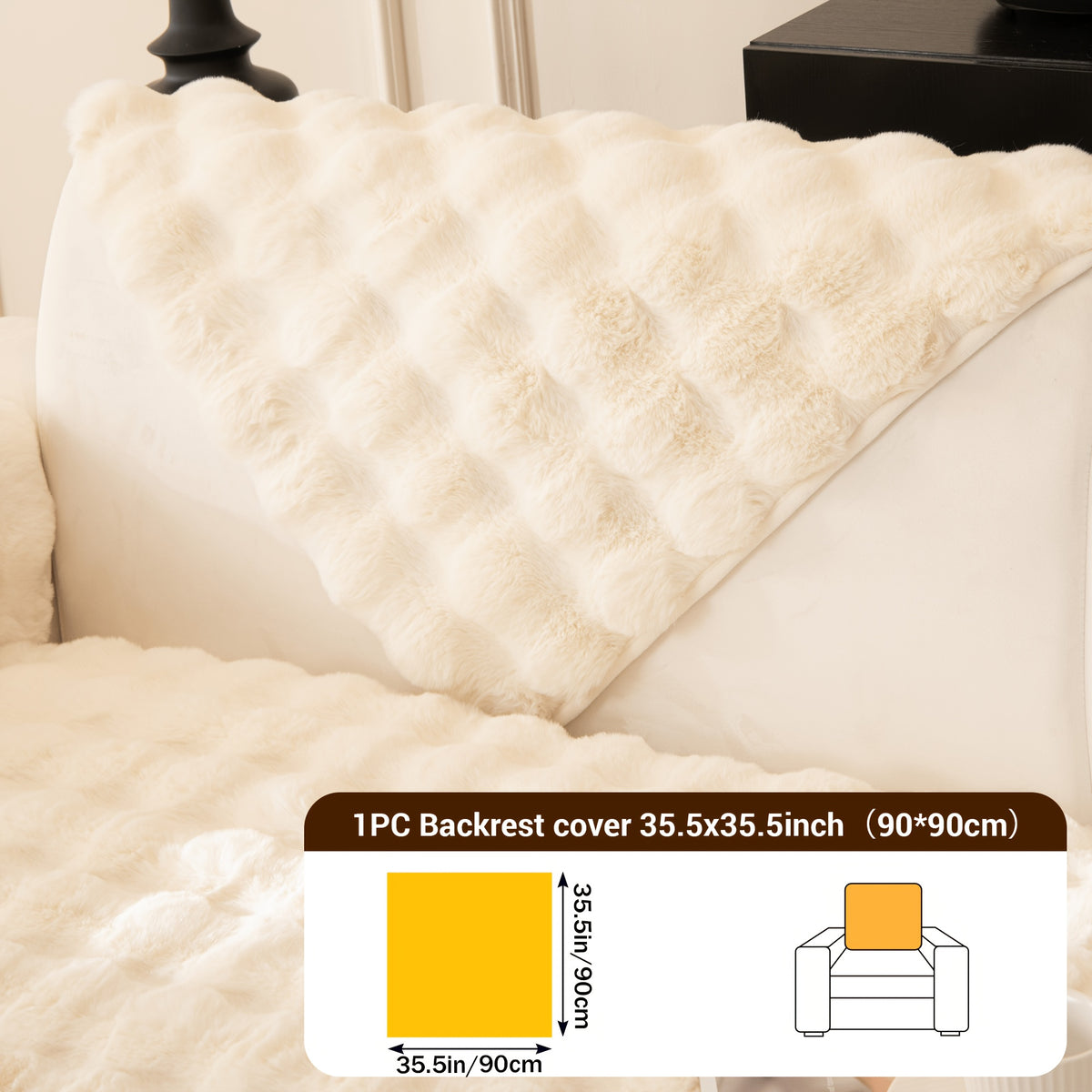 Bubble Faux Rabbit Fur Sofa Cover Non-Slip Stretchable 3/4 Seat Slipcover – Silicone Grip Breathable Furniture Protector for Living Room, Bed & Dorm, Machine Washable in Beige, Dark Grey & Khaki