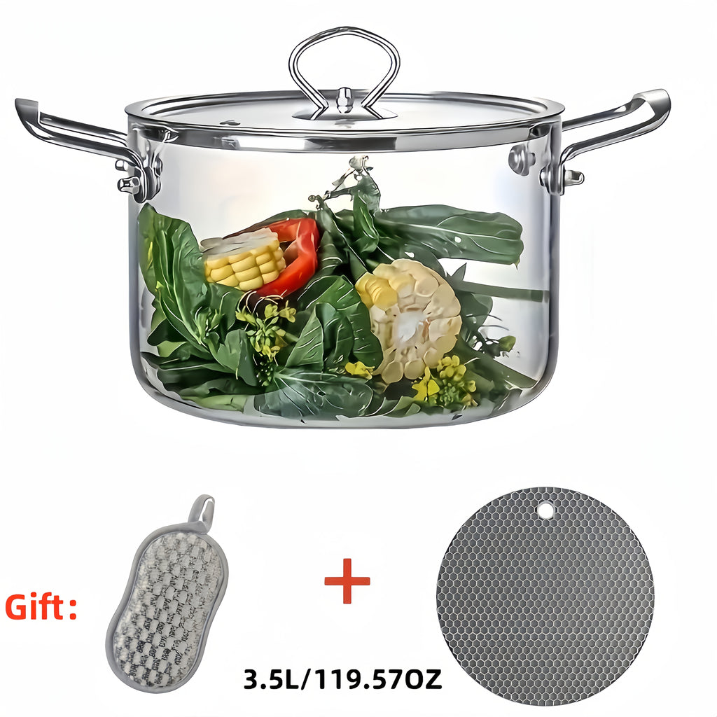 Stainless Steel Handle Glass Pot with Lid – Non-Stick Heat-Resistant Soup Stew Pot, Induction & Electric Ceramic Stove Compatible, 3.5L or 5.5L, Includes Insulation Pad & Scouring Pad