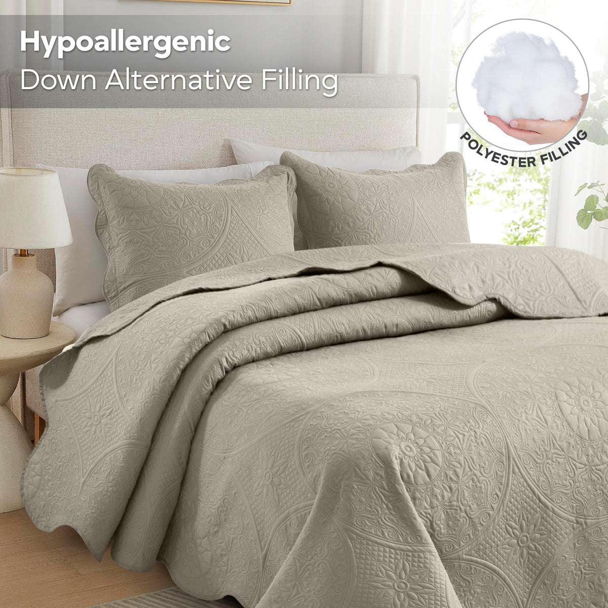 Luxury Quilted Bedspread Set 3 Piece Floral Coverlet with Pillow Shams Breathable Lightweight All Season - Twin Queen King California King 16 Colors