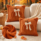 Plush Pumpkin Bow Pillow Covers Set of 2, 18x18 Inch Soft Seasonal Pillowcases for Thanksgiving, Halloween & Christmas – Decorative Throw Pillow Covers for Sofa Bed Home Decor, Beige & Caramel