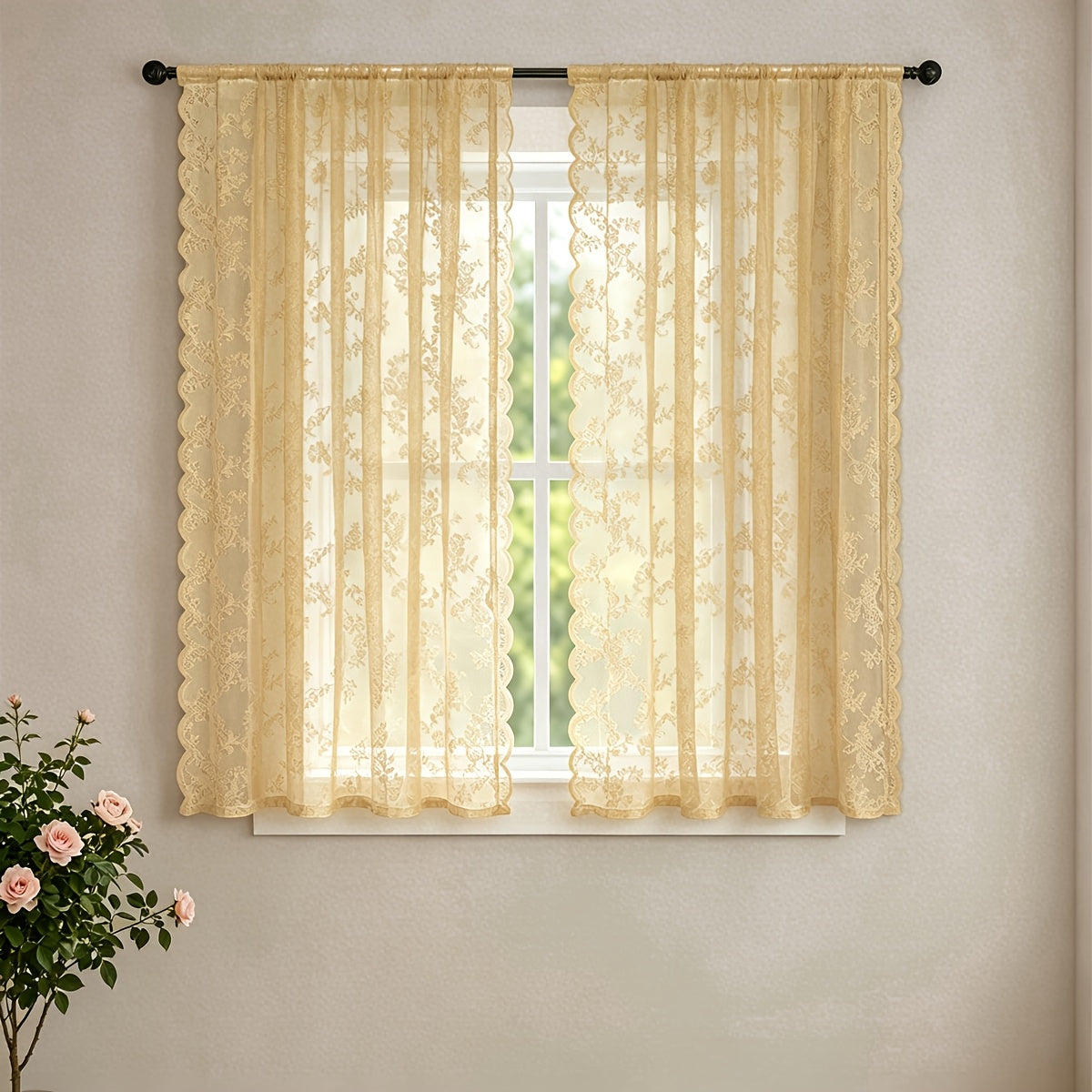 Boho Floral Lace Curtain Panels Set of 2 – Semi-Sheer Light Filtering, Rod Pocket, Pastoral Vintage Style for Bedroom Living Room Kitchen, 6 Sizes 4 Colors