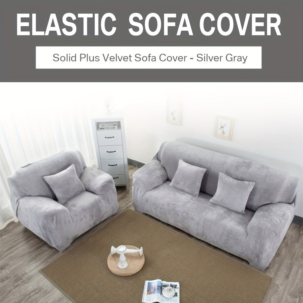 Velvet Stretch Sofa Cover Slipcover – Thick High-Elasticity Plush Couch Cover for L-Shape 1 2 3 4 Seater, Polyester Spandex Furniture Protector with Pillowcase for Living Room