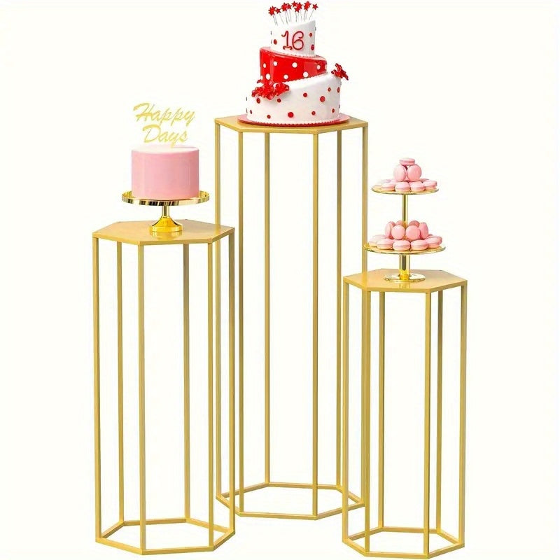 3-Piece Gold Hexagon Cake Stand Set – Metal Cylinder Pedestal Stands for Wedding, Party, Flower Vase & Living Room Decor