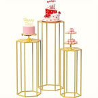 3-Piece Gold Hexagon Cake Stand Set – Metal Cylinder Pedestal Stands for Wedding, Party, Flower Vase & Living Room Decor