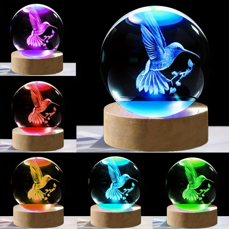3D Hummingbird Crystal Ball Night Light Colorful LED Wooden Base Laser Engraved Hummingbird Statue Home Office Decor Holiday Gift for Teens Friends