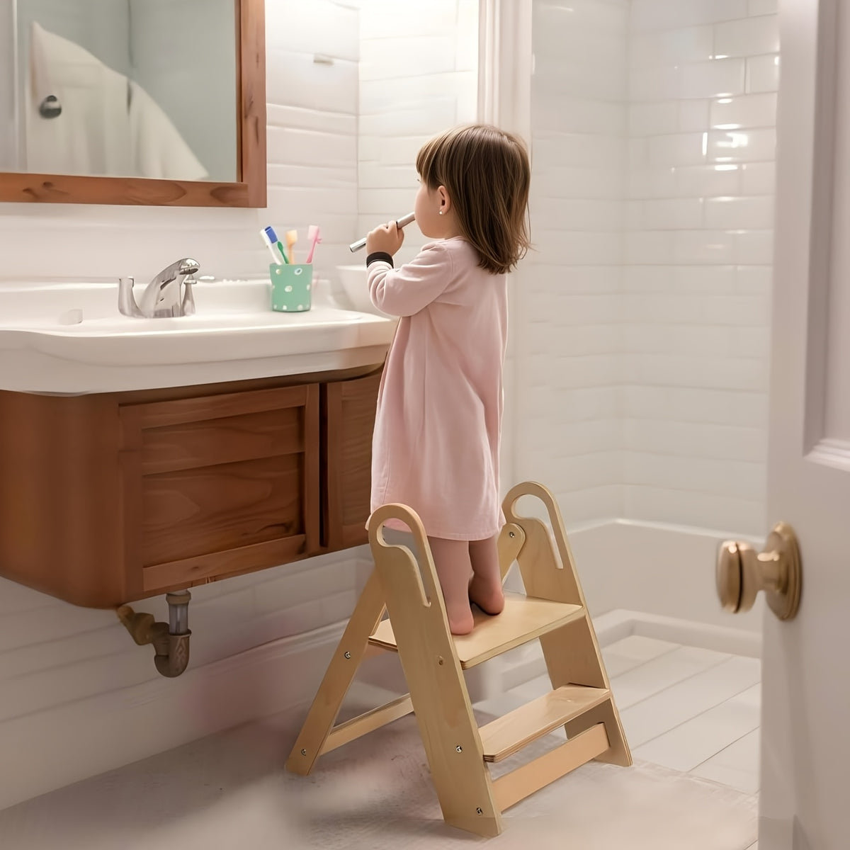 Kids Step Stool Foldable Anti-Slip Double Tier with Handle – Natural Wood Finish Children's Step Stool for Bathroom, Kitchen, Bedroom & Countertops