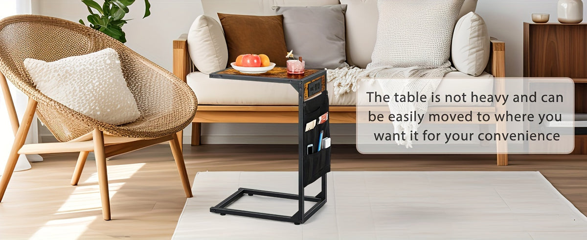 C-Shaped End Table with Charging Station – Sofa Side Table, 50LBS Capacity, Slides Under Sofa, Snack & Laptop Table for Living Room Bedroom (1pc/2pcs, w/wo Storage Bag)