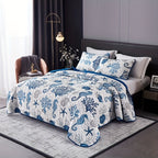 Ocean Style Quilt Cover Set 3pcs - Seahorse and Coral Pattern Bedspread with 2 Pillowcases Machine Washable All Seasons Soft Breathable Bedding for Bedroom and Dorm
