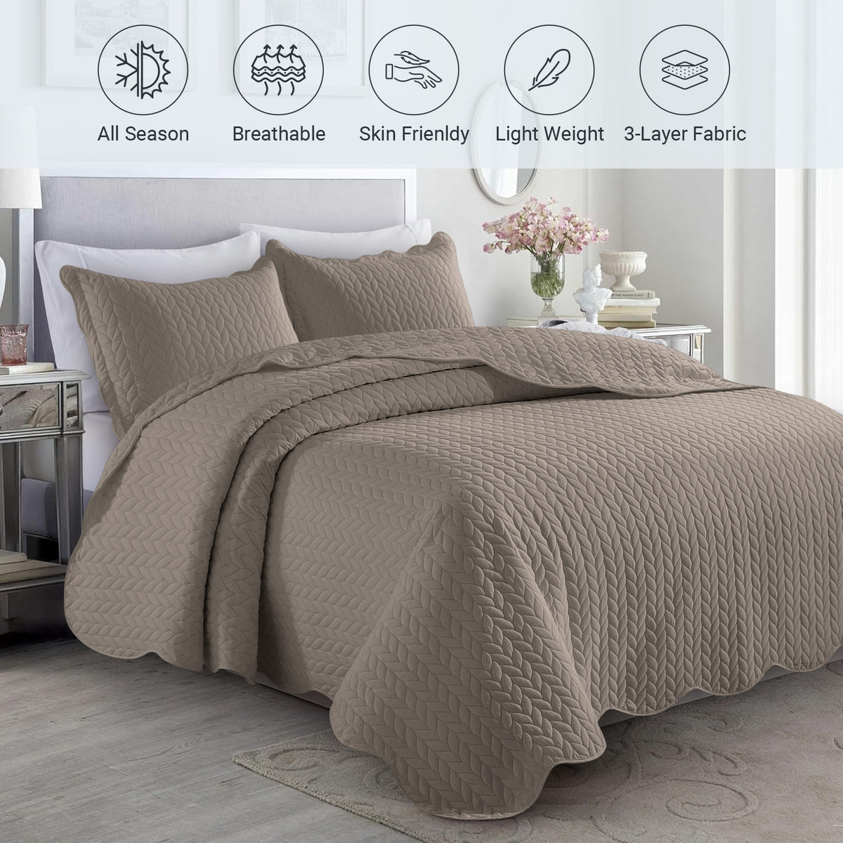 Microfiber Quilt Bedspread Set All Season Lightweight – Soft Breathable Quilted Coverlet Twin Full Queen King 16 Colors Machine Washable