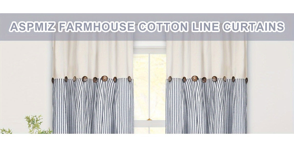 Bohemian Semi-Sheer Linen Cotton Curtains Grommet Top – Patchwork Country Cottage Window Drapes, 1 or 2 Panels, All Season, Bedroom Living Room Kitchen Bathroom Cafe Decor | Blue Green Dark Blue