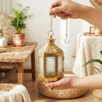 Moroccan Hanging Candle Lantern with Chain – Vintage Boho Style Iron & Glass Tealight Holder for Home, Patio, Garden, Wedding & Ramadan Decor (23.5" Overall)